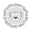 Hand drawn bear in circle doodle vector frame. Logo. Vintage style. Royalty Free Stock Photo